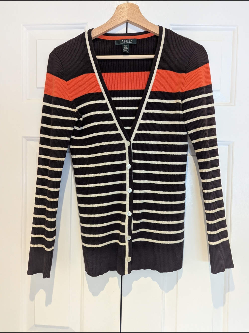 Lauren Ralph Lauren Krystoff Stripe Ribbed Cardigan Sweater Preppy Academia S